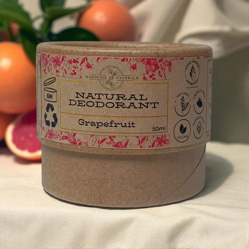 Natural Deodorant UK: Eco, Vegan & Skin-Friendly Odour Protection 5 Karolina Naturals – Natural Grapefruit Deodorant, Sweet, refreshing scent with light citrus notes, perfect for everyday freshness.