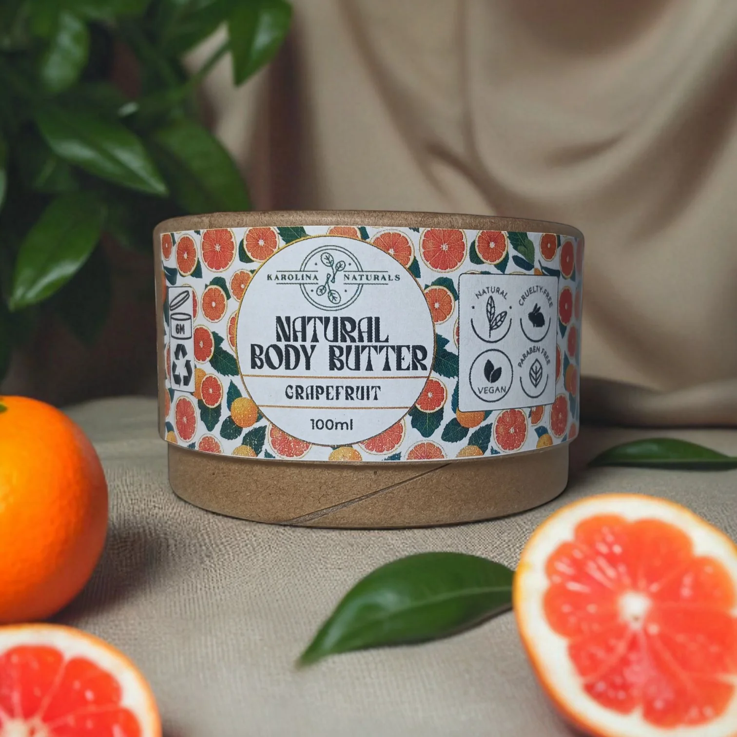 Natural Body Butter Grapefruit 1 Natural Grapefruit body butter in biodegradable packaging – vegan and deeply hydrating