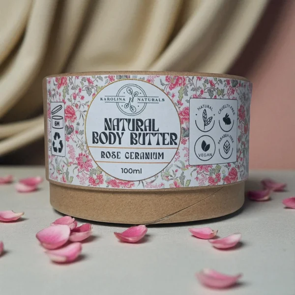 Natural Rose Geranium Body Butter with floral essential oils for balanced hydrated skin in zero-waste packaging