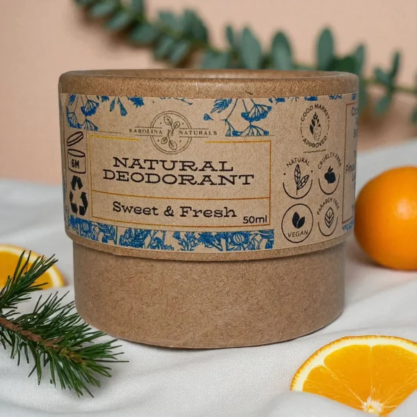 Natural Eucalyptus & Citrus Deodorant Cream – Sweet & Fresh refreshing blend of eucalyptus, sweet orange, pine, and lemon that naturally deodorizes and uplifts all day.