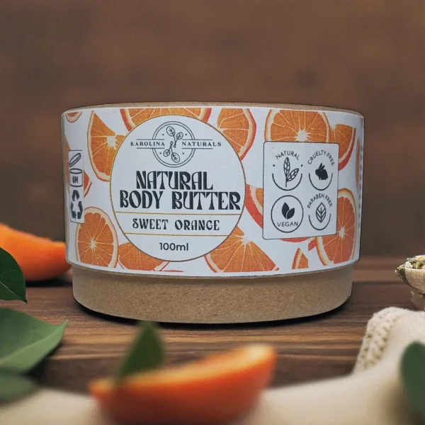 Natural Sweet Orange Body Butter in eco-friendly packaging for soft hydrated skin