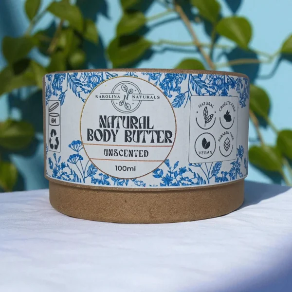 Unscented Natural Body Butter for sensitive dry skin in zero-waste biodegradable packaging
