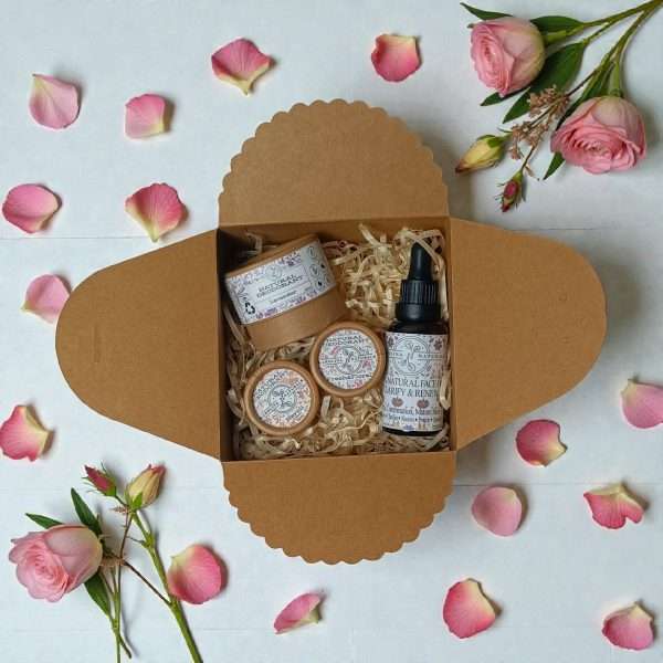 floral skincare gift set for her with floral natural deodorants and face oil in compostable packaging, zero waste, eco friendly, perfect for gifting Valentines, mother's day, birthday