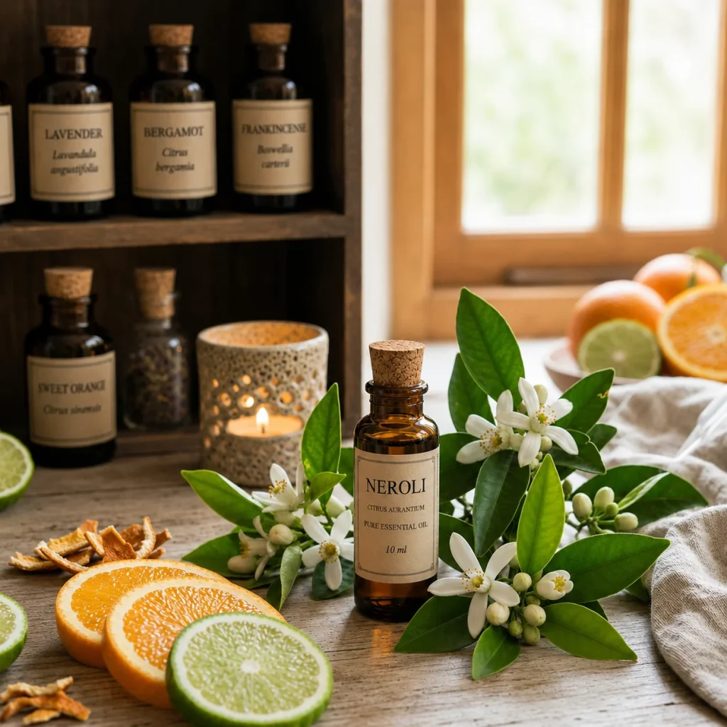 Neroli essential oil bottle with fresh blossoms and citrus