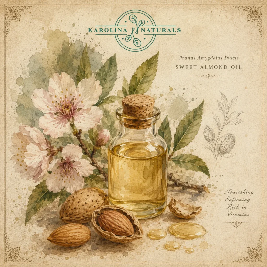 Vintage botanical illustration of almond oil with apothecary bottle 