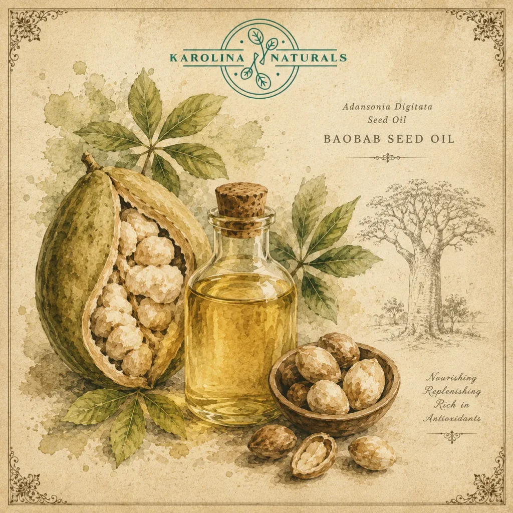 Watercolour botanical illustration of baobab seed oil - karolina naturals