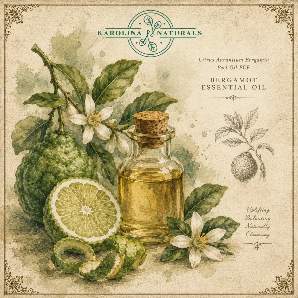 Vintage botanical illustration of bergamot essential oil with citrus fruit