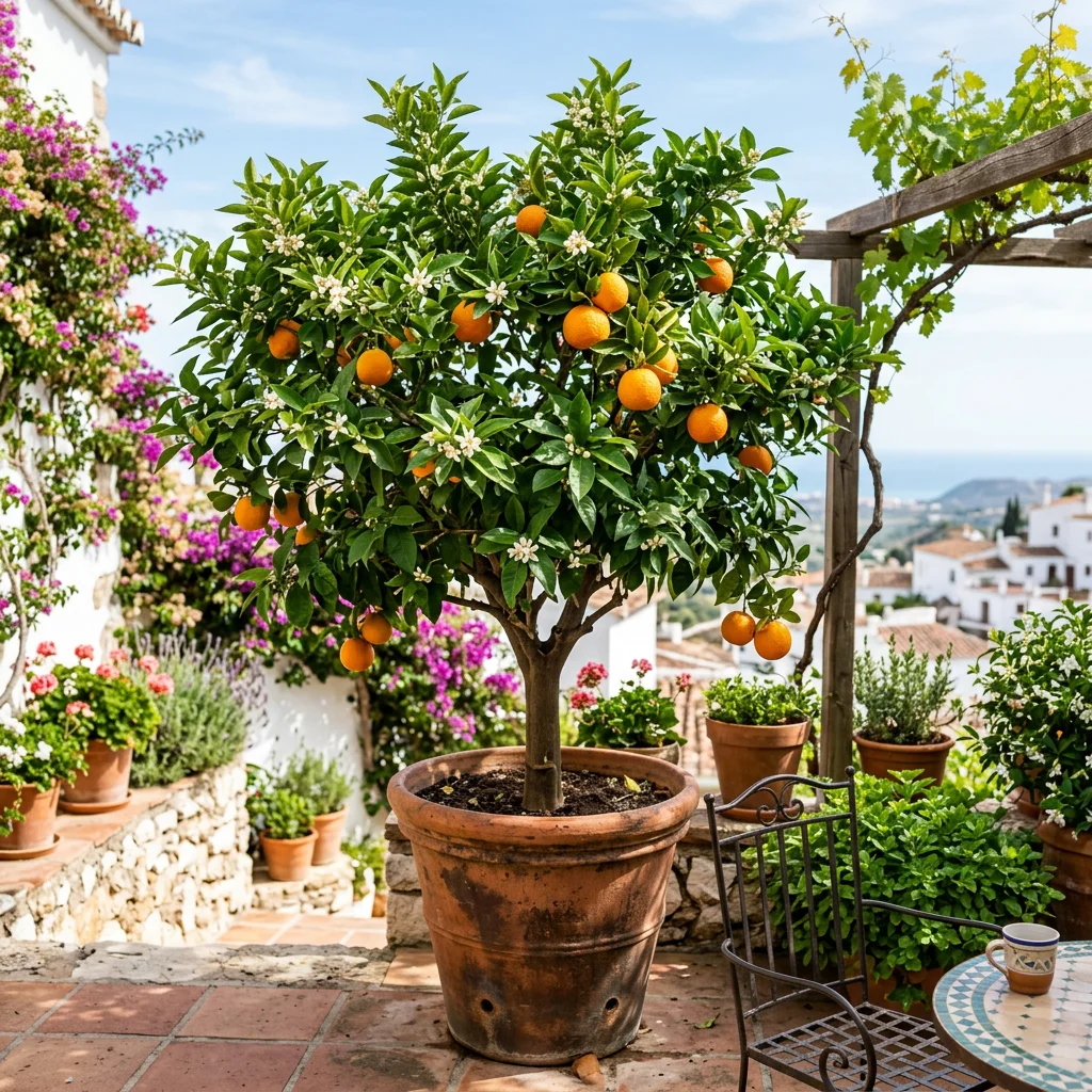 Citrus aurantium tree growing in a terracotta pot