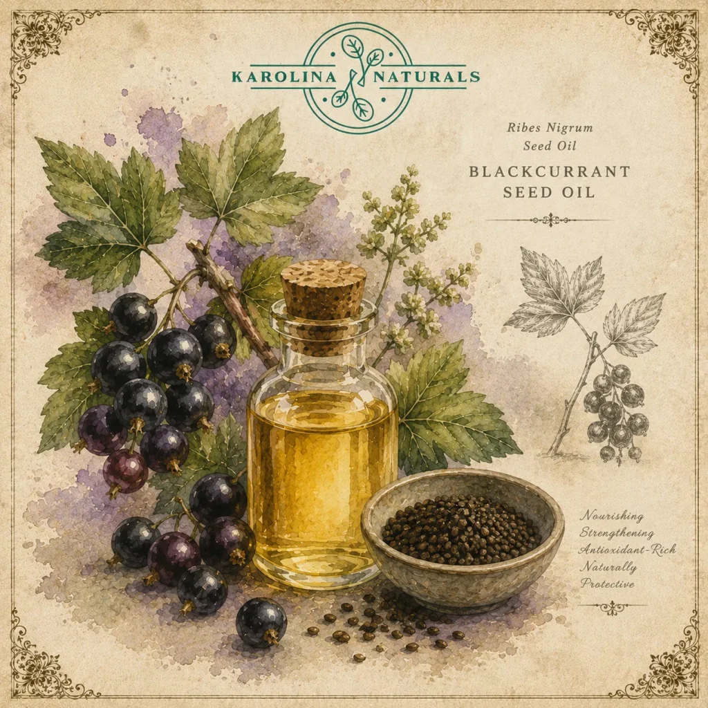 Watercolour botanical illustration of blackcurrant seed oil with berries and leaves