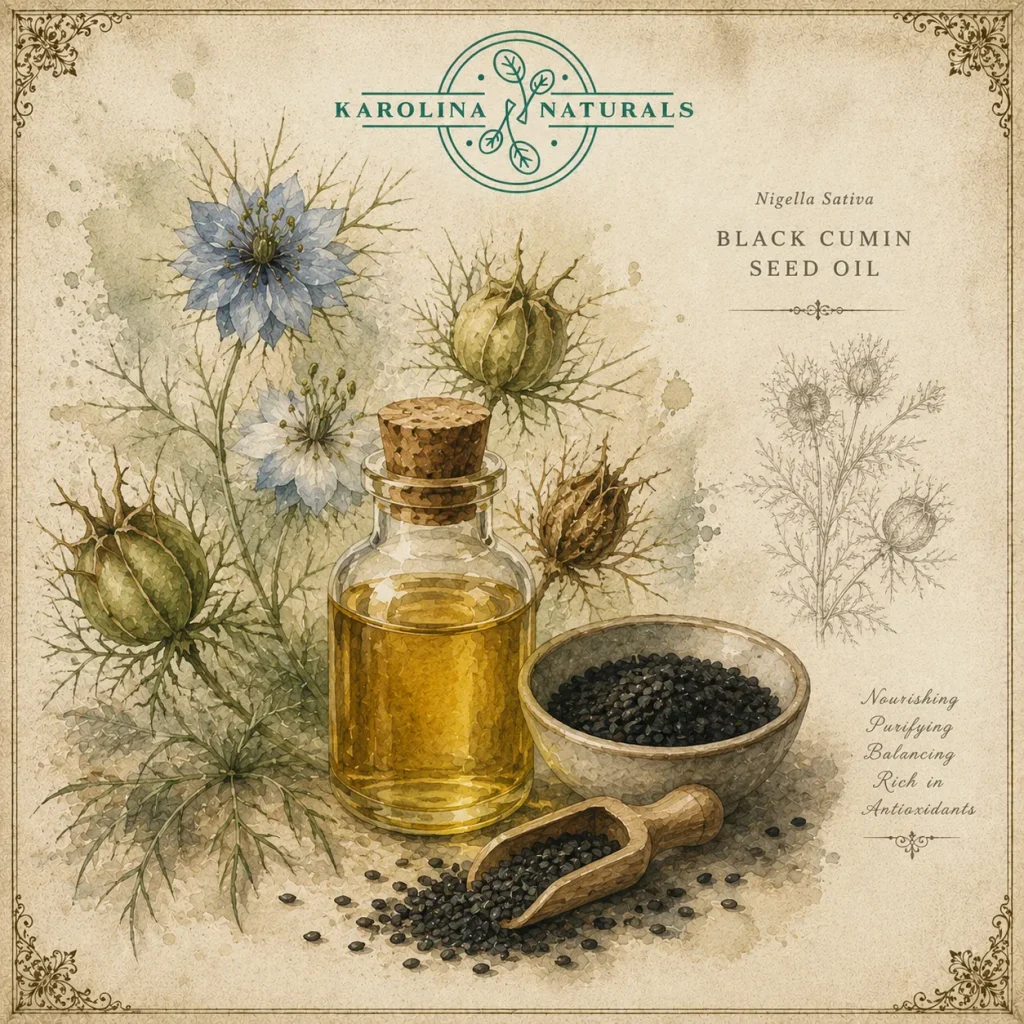 Vintage botanical illustration of black cumin seed oil with nigella flowers