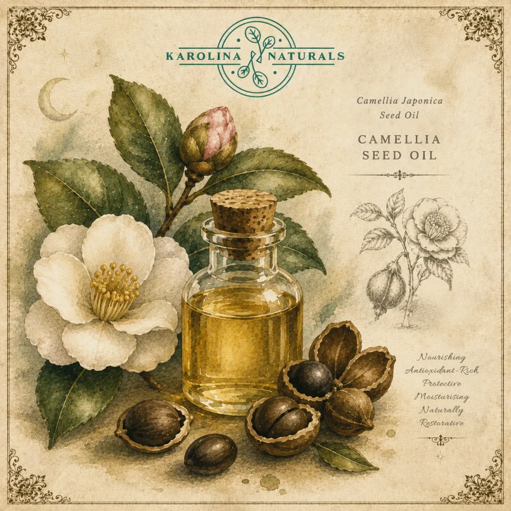 Vintage botanical illustration of camellia seed oil with camellia flowers natural skincare