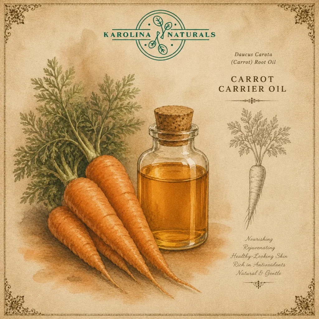 Watercolour botanical illustration of carrot carrier oil with fresh carrots