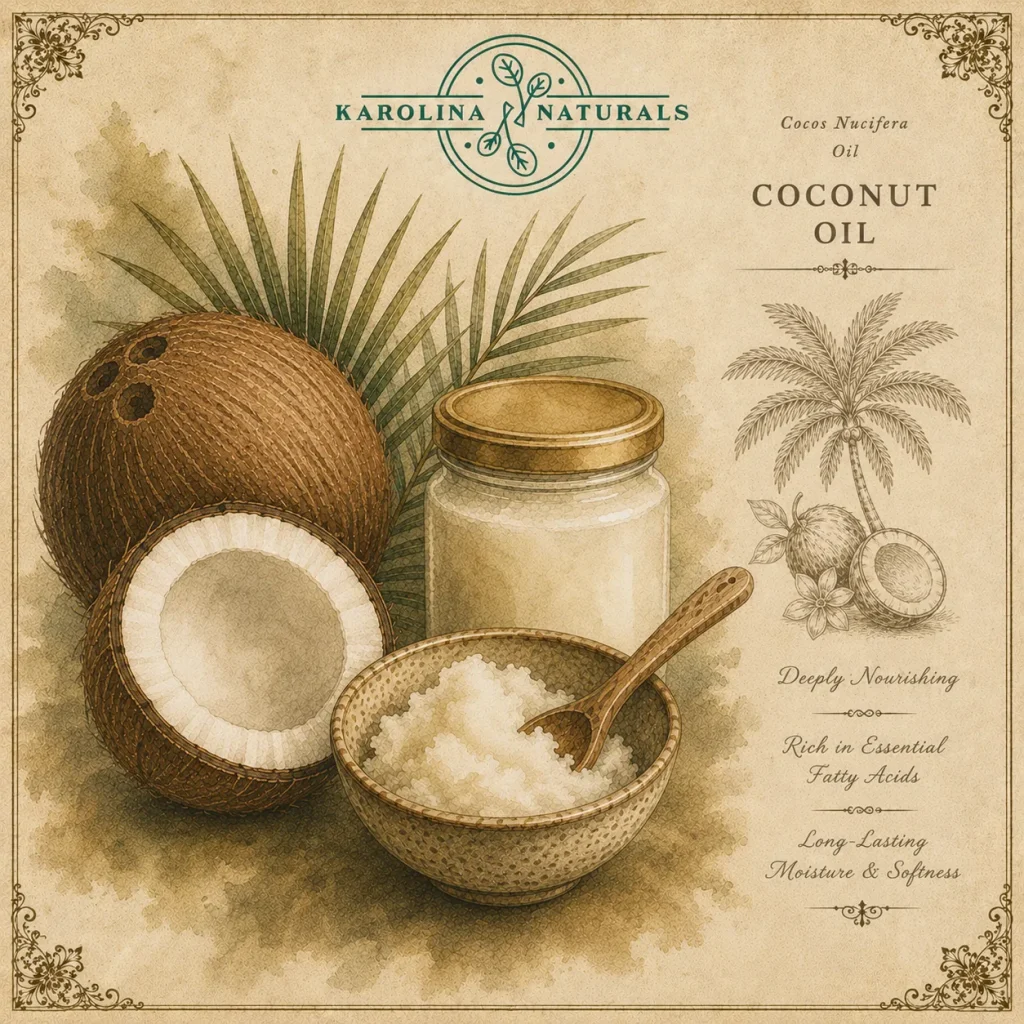 Vintage botanical illustration of coconut oil with coconut and apothecary bottle