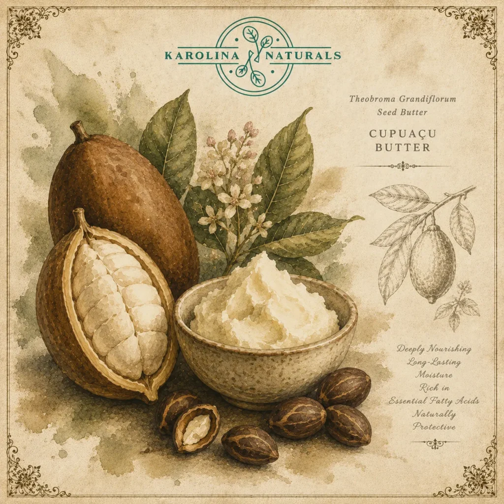 Vintage botanical illustration of cupuaçu butter skincare ingredient