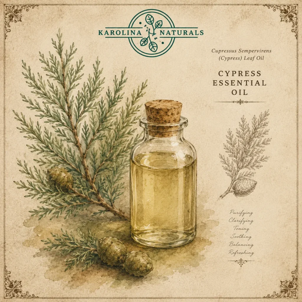Vintage botanical illustration of cypress essential oil with evergreen botanical details
