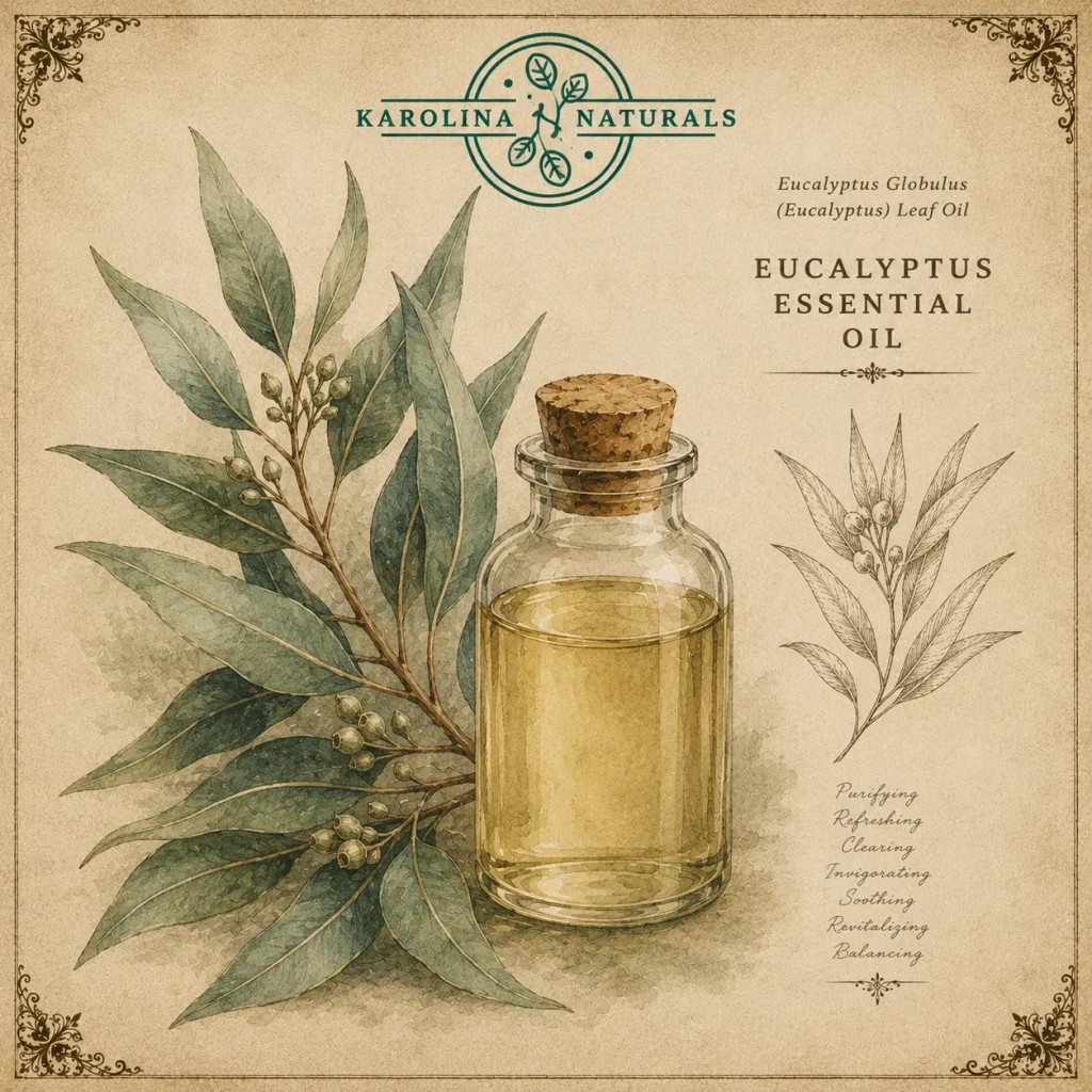 Watercolour illustration of eucalyptus essential oil and botanical leaves