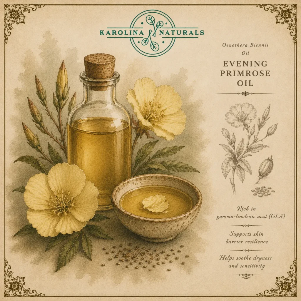 Vintage botanical illustration of evening primrose oil with yellow flowers