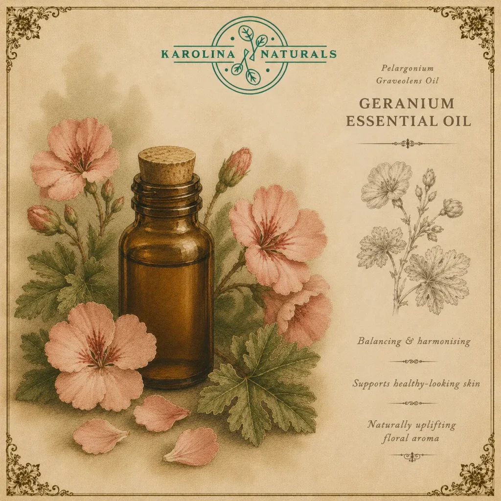 Vintage botanical illustration of geranium essential oil