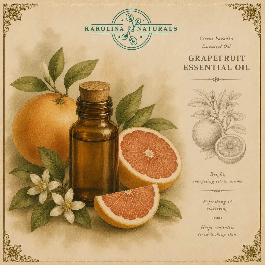 Vintage botanical illustration of grapefruit essential oil with citrus fruit
