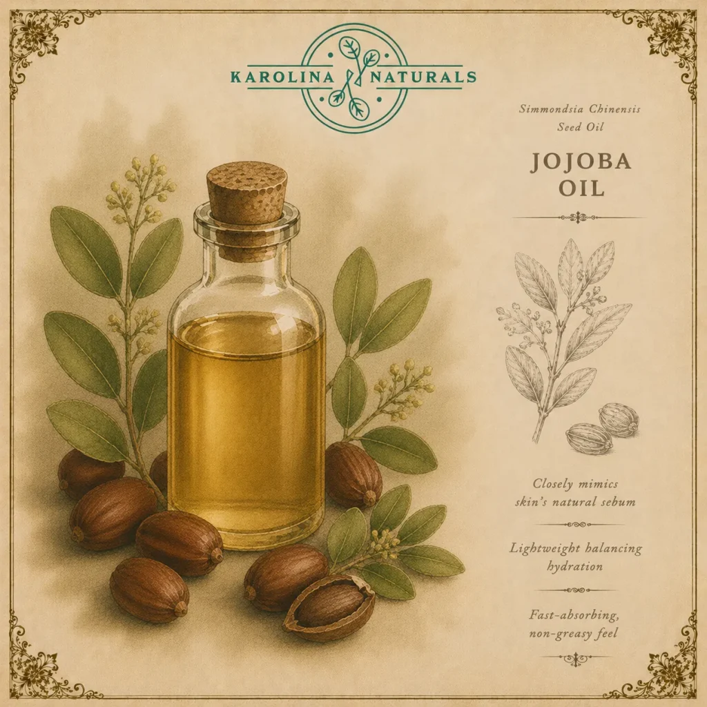 Vintage apothecary illustration of jojoba oil skincare ingredient