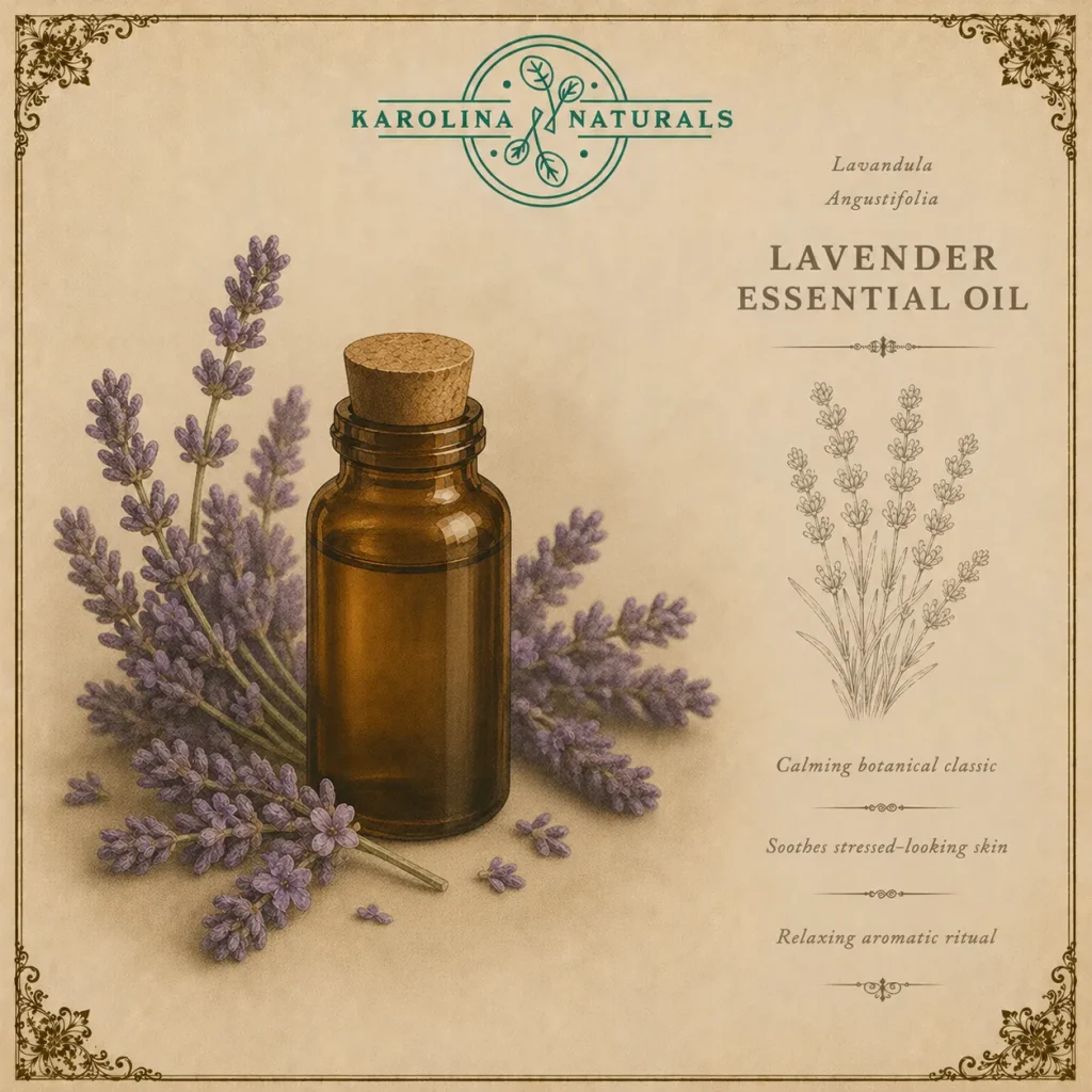 Watercolour botanical illustration of lavender essential oil with lavender stems