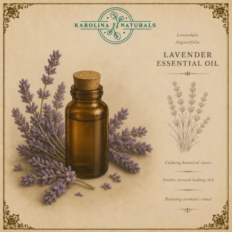 Watercolour botanical illustration of organic lavender essential oil for calming skincare