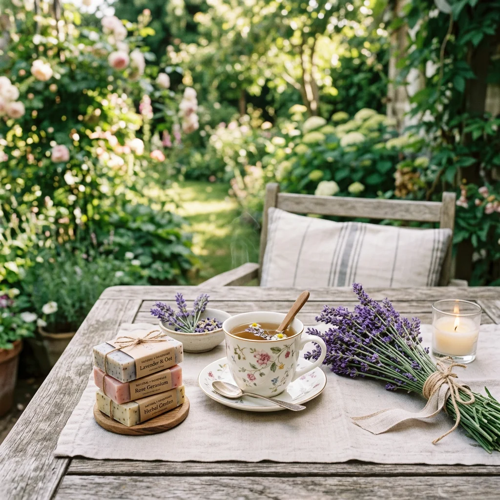 Cozy garden table with lavender and natural skincare items