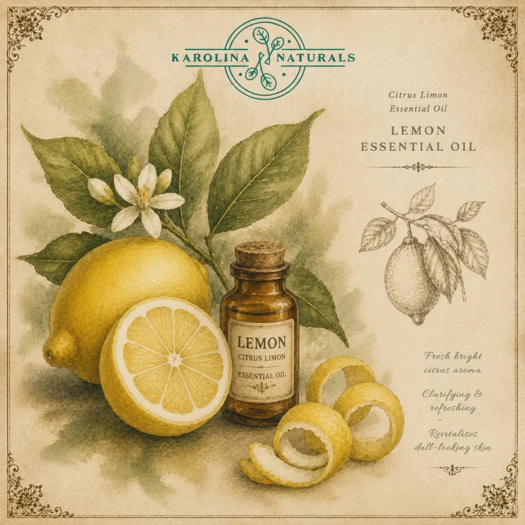 Vintage botanical illustration of lemon essential oil with fresh lemons
