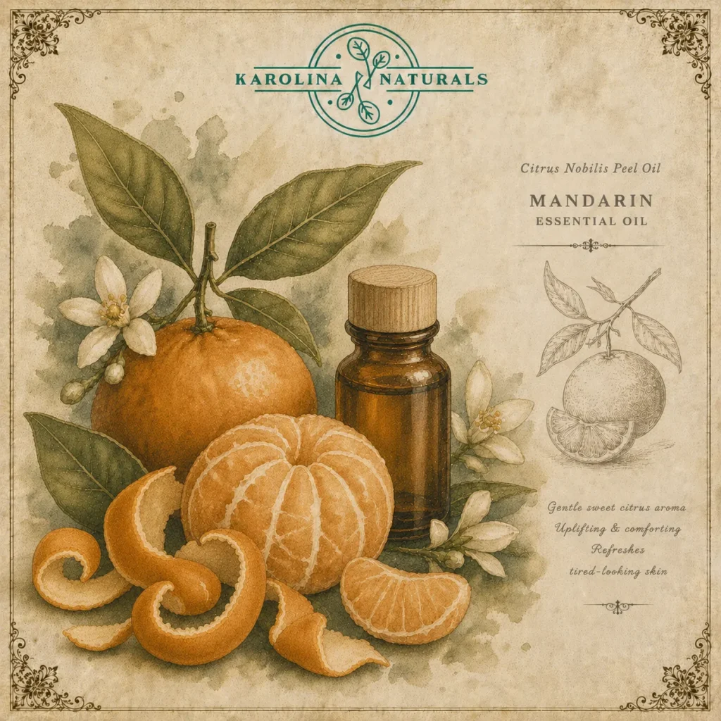 Watercolour botanical illustration of mandarin essential oil with citrus fruit