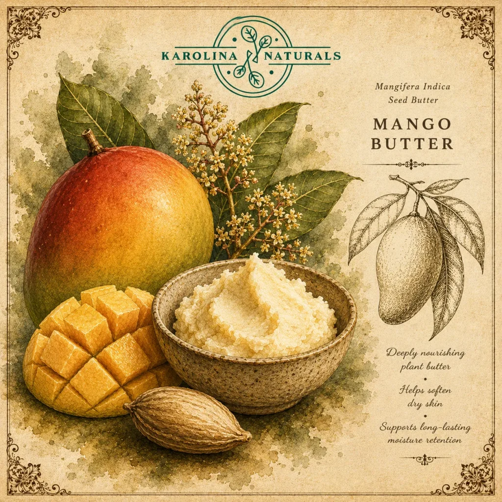 Vintage botanical illustration of mango butter botanical skincare ingredient