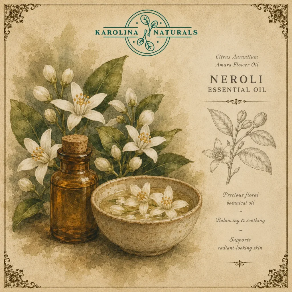 Vintage botanical illustration of neroli essential oil with orange blossom flowers
