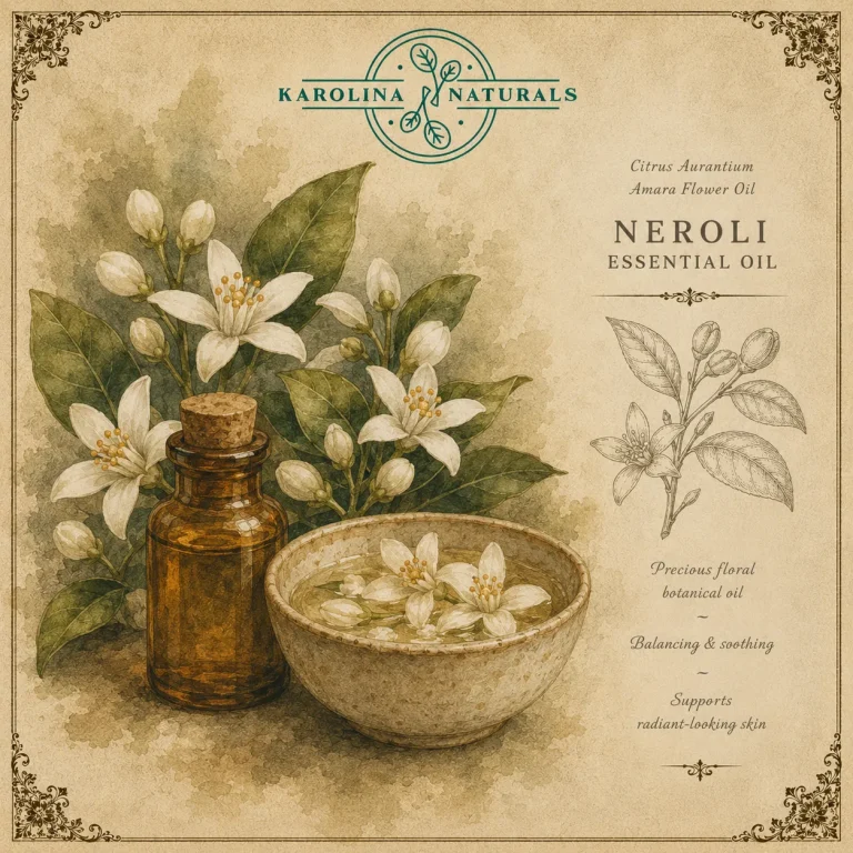 Vintage botanical illustration of luxurious neroli essential oil for skin vitality