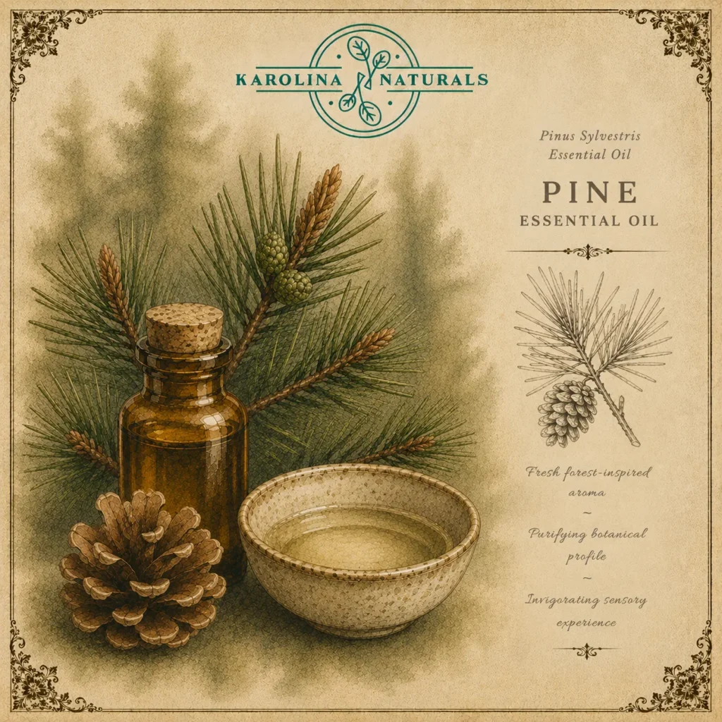 Vintage botanical illustration of pine essential oil with forest botanical details