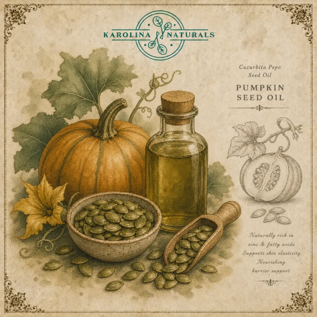 Watercolour botanical illustration of pumpkin seed oil with pumpkin botanical elements