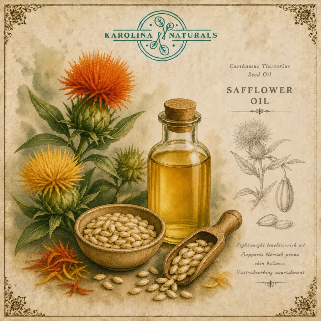 Vintage botanical illustration of safflower oil with safflower flowers