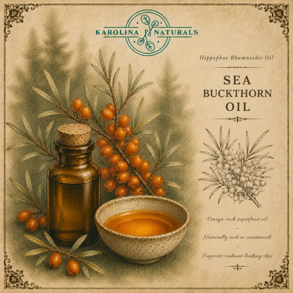 Vintage botanical illustration of sea buckthorn oil with orange berries