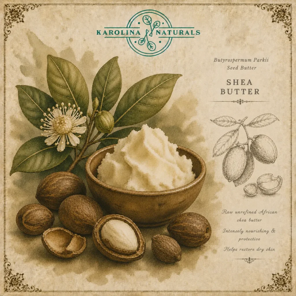 Vintage botanical illustration of raw shea butter skincare ingredient
