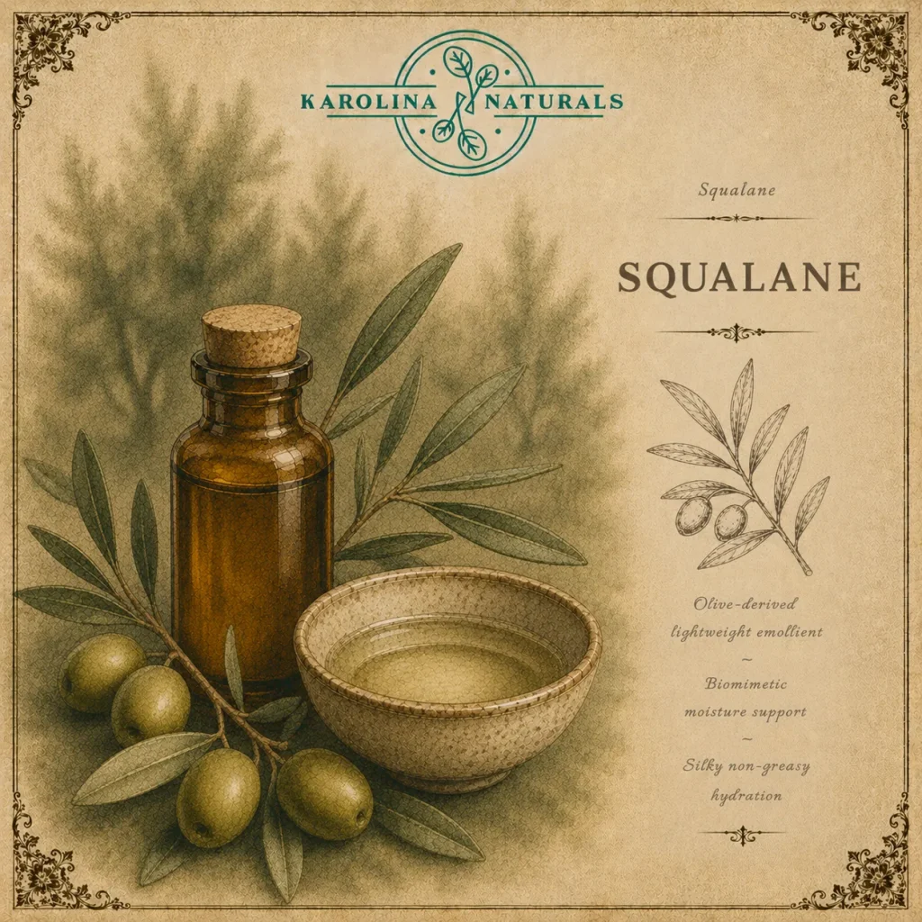 Vintage apothecary illustration of olive derived squalane skincare ingredient