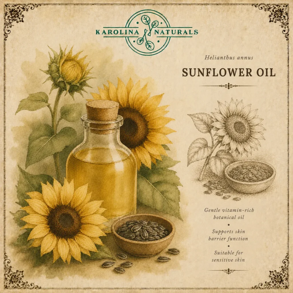 Watercolour botanical illustration of sunflower oil with sunflower botanical details