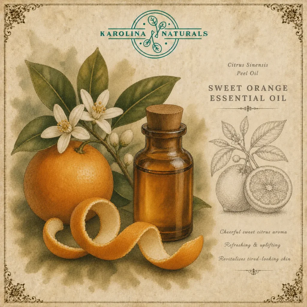 Vintage botanical illustration of sweet orange essential oil with citrus fruit