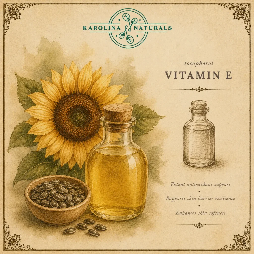 Vintage apothecary illustration of vitamin E skincare ingredient