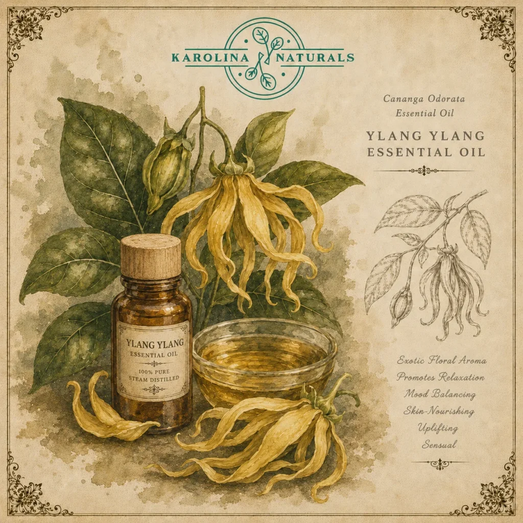 Vintage apothecary illustration of ylang ylang skincare ingredient